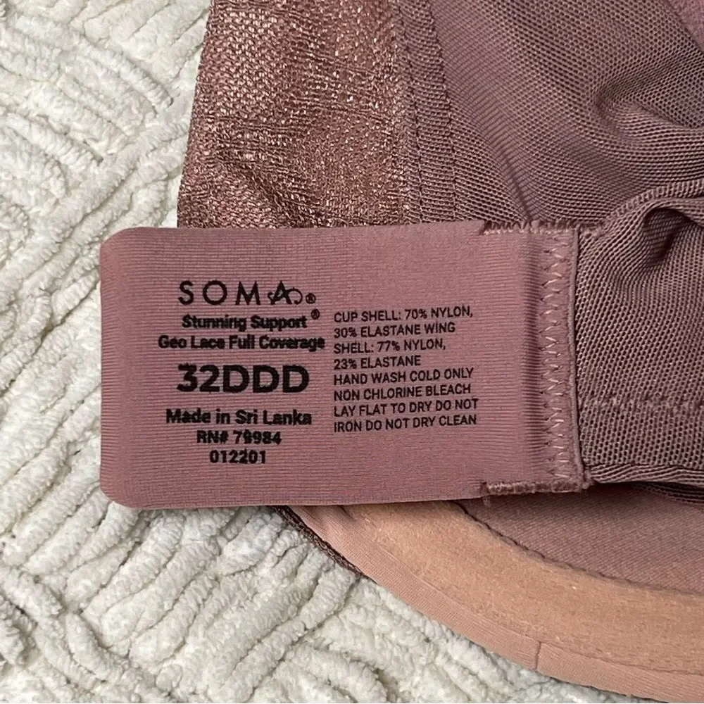 Soma Stunning Support Geo Lace Full Coverage Bra 🌺 Underwire🌺 32F 32DDD MAUVE